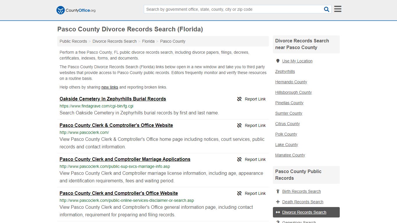 Pasco County Divorce Records Search (Florida) - County Office